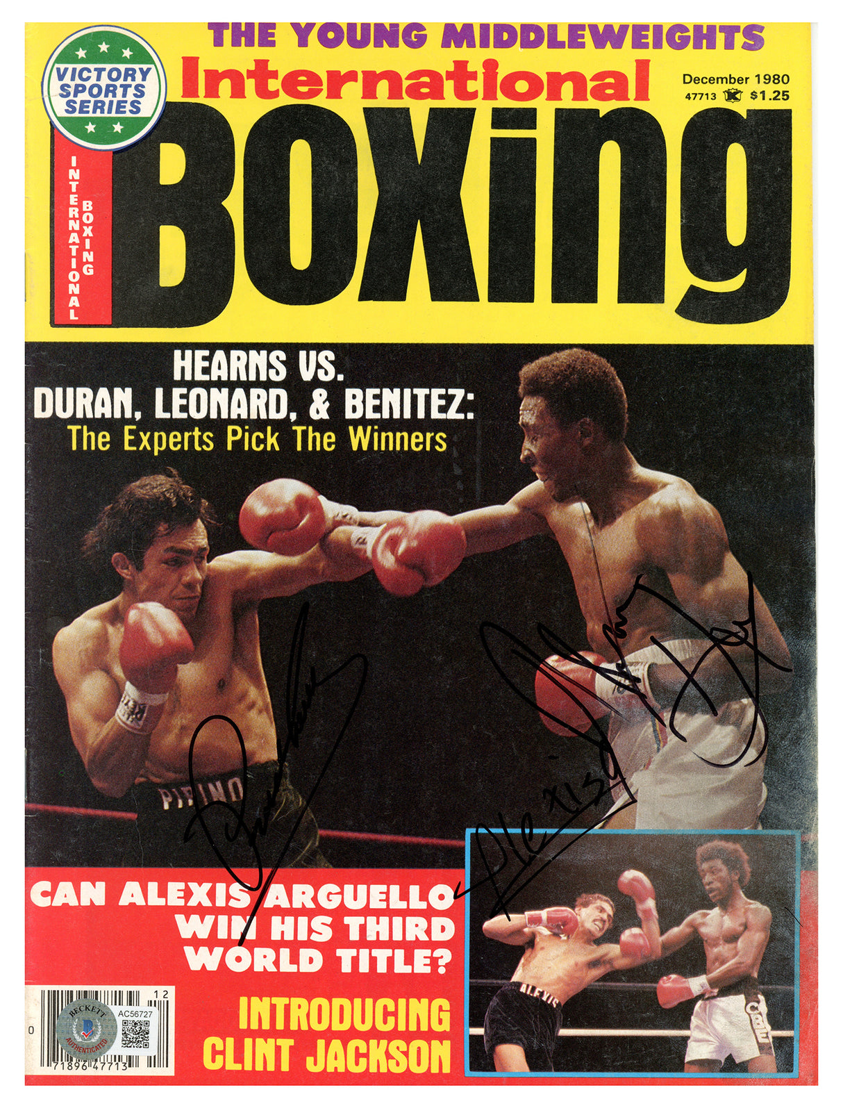 Thomas "Hitman" Hearns, Jose Pipino Cuevas & Alexis Arguello Autographed International Boxing Magazine Beckett BAS #AC56727