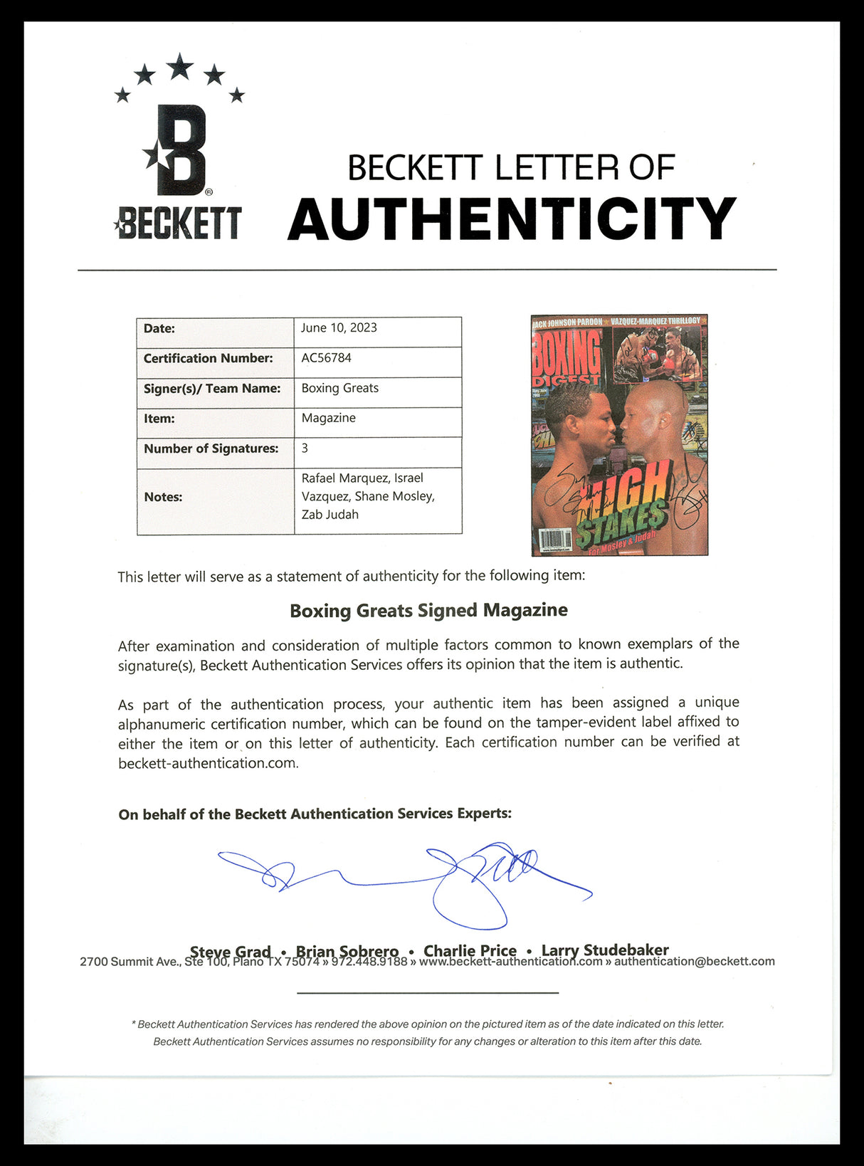 Boxing Legends Autographed Boxing Digest Magazine With 4 Signatures Including "Sugar" Shane Mosley Beckett BAS #AC56784