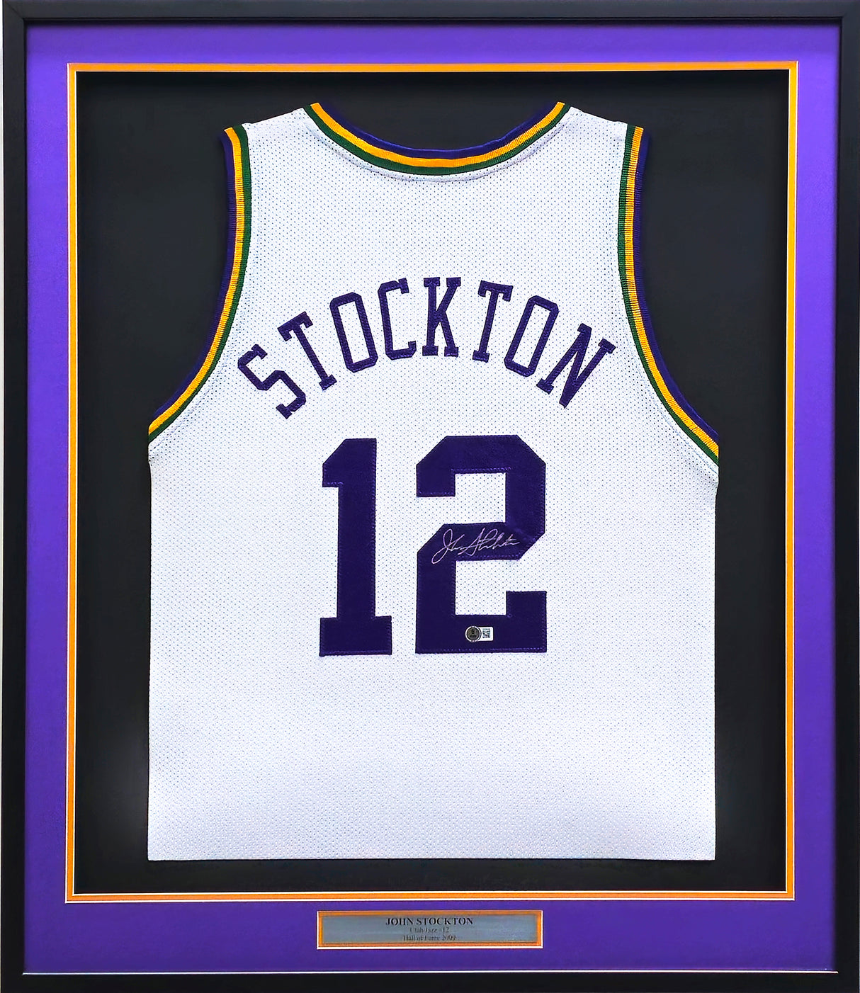 Utah Jazz John Stockton Autographed Framed White Jersey Beckett BAS Witness Stock #230205