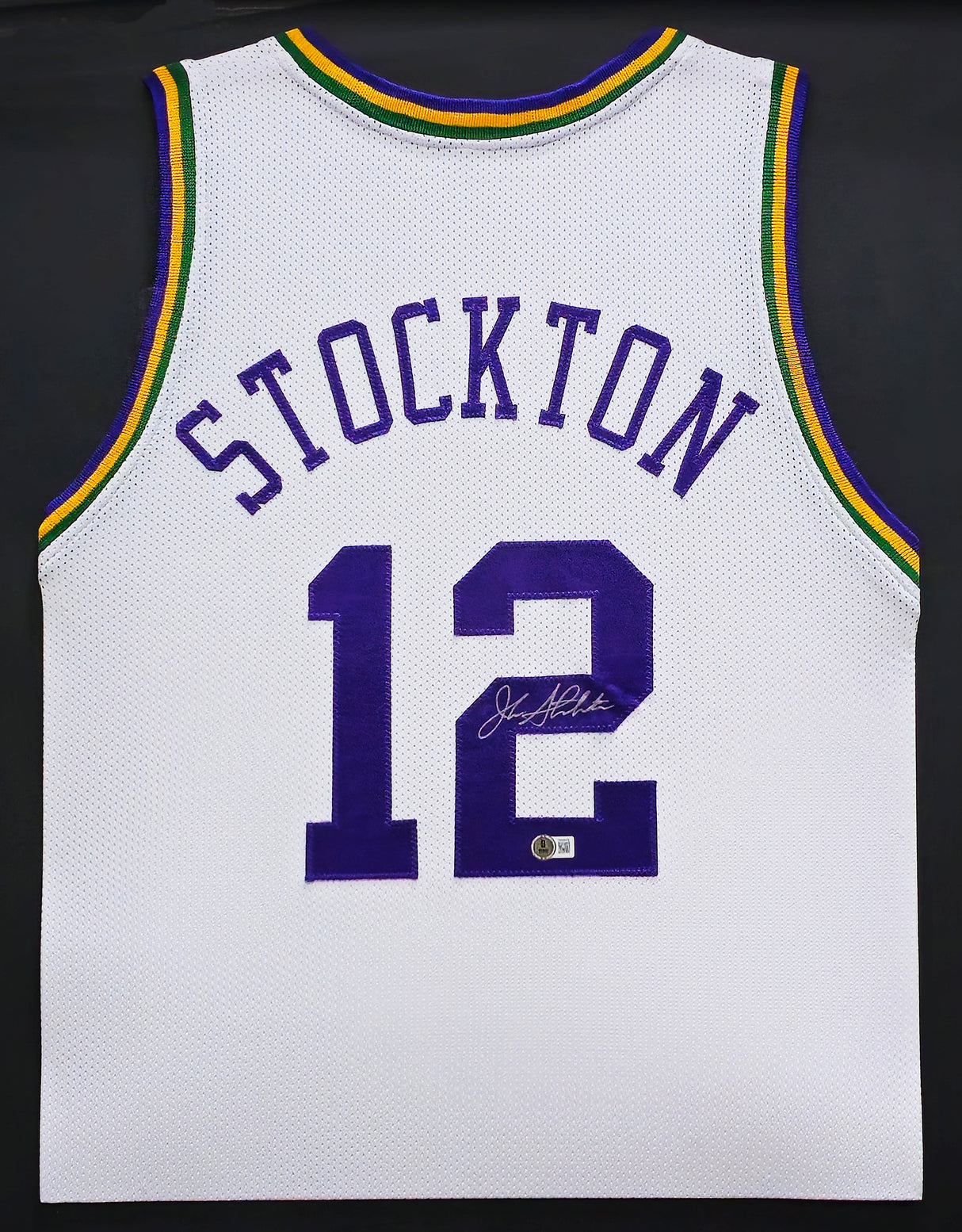 Utah Jazz John Stockton Autographed Framed White Jersey Beckett BAS Witness Stock #230205