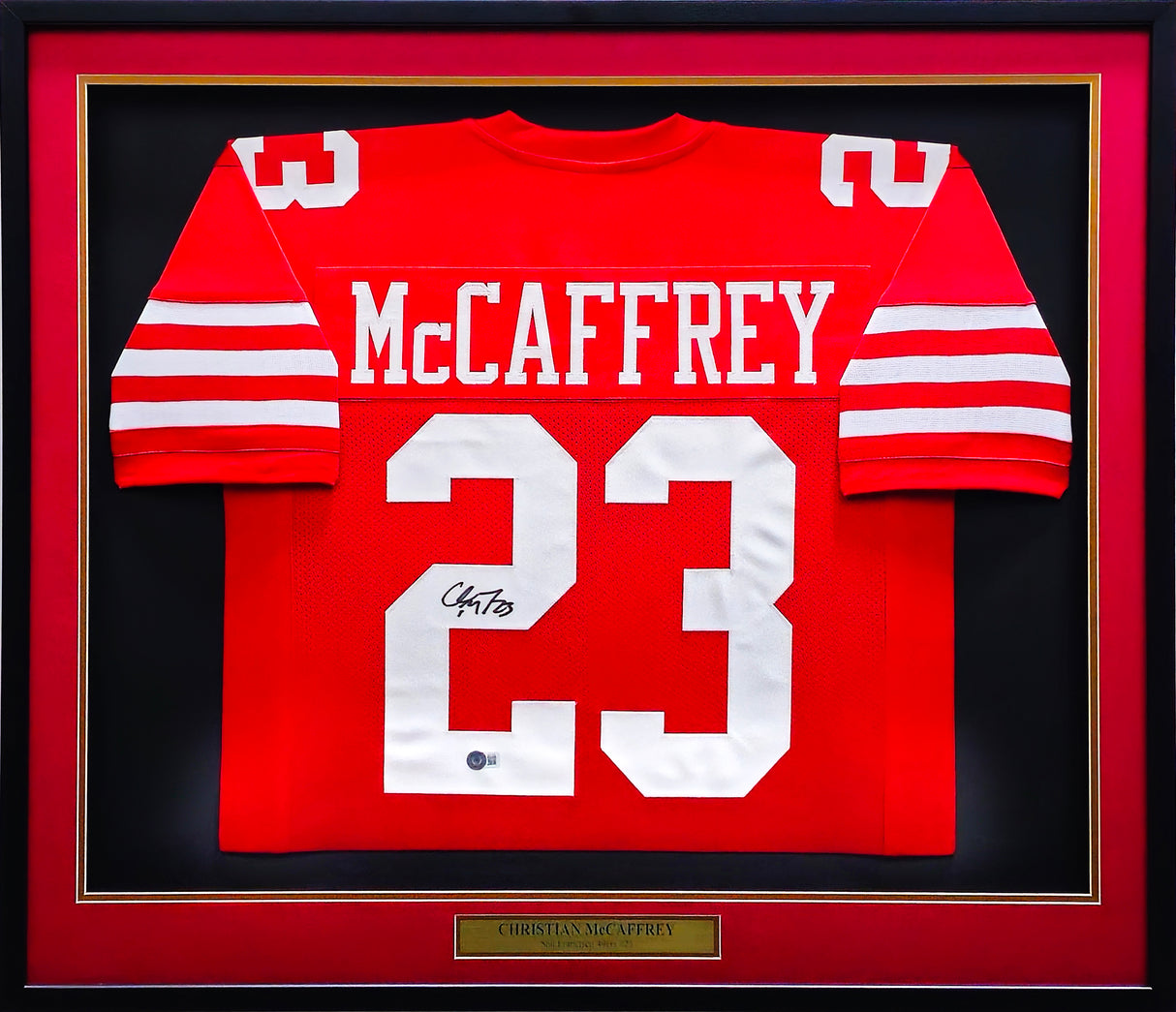 San Francisco 49ers Christian McCaffrey Autographed Framed Red Jersey Beckett BAS QR Stock #230202