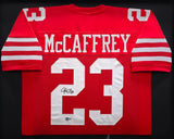 San Francisco 49ers Christian McCaffrey Autographed Framed Red Jersey Beckett BAS QR Stock #230202