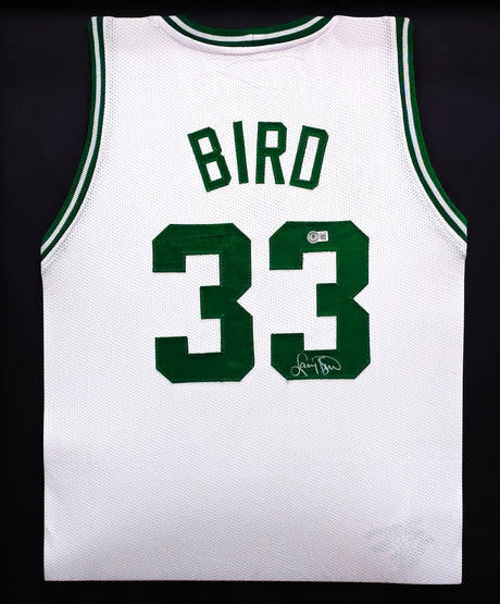 Boston Celtics Larry Bird Autographed Framed White Jersey Beckett BAS Stock #230199