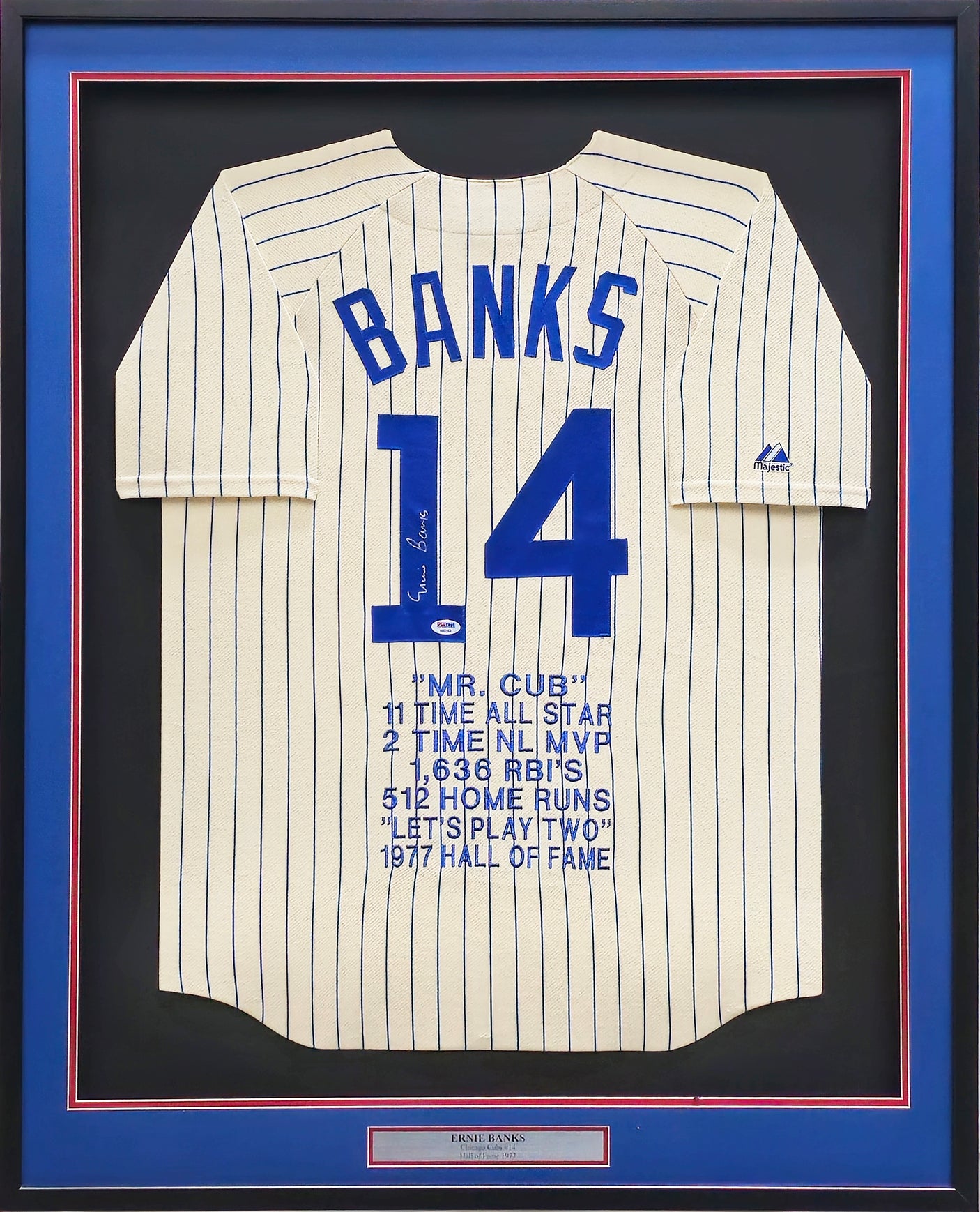 Chicago Cubs Ernie Banks Autographed Framed Cream Pinstripes Majestic Jersey PSA/DNA #B80152