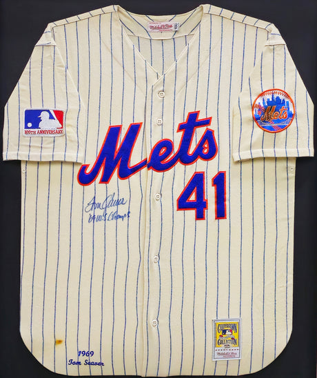 New York Mets Tom Seaver Autographed Framed Cream Pinstripes Mitchell & Ness 100th Anniversary Jersey "69 WS Champs" Beckett BAS QR #BL93447