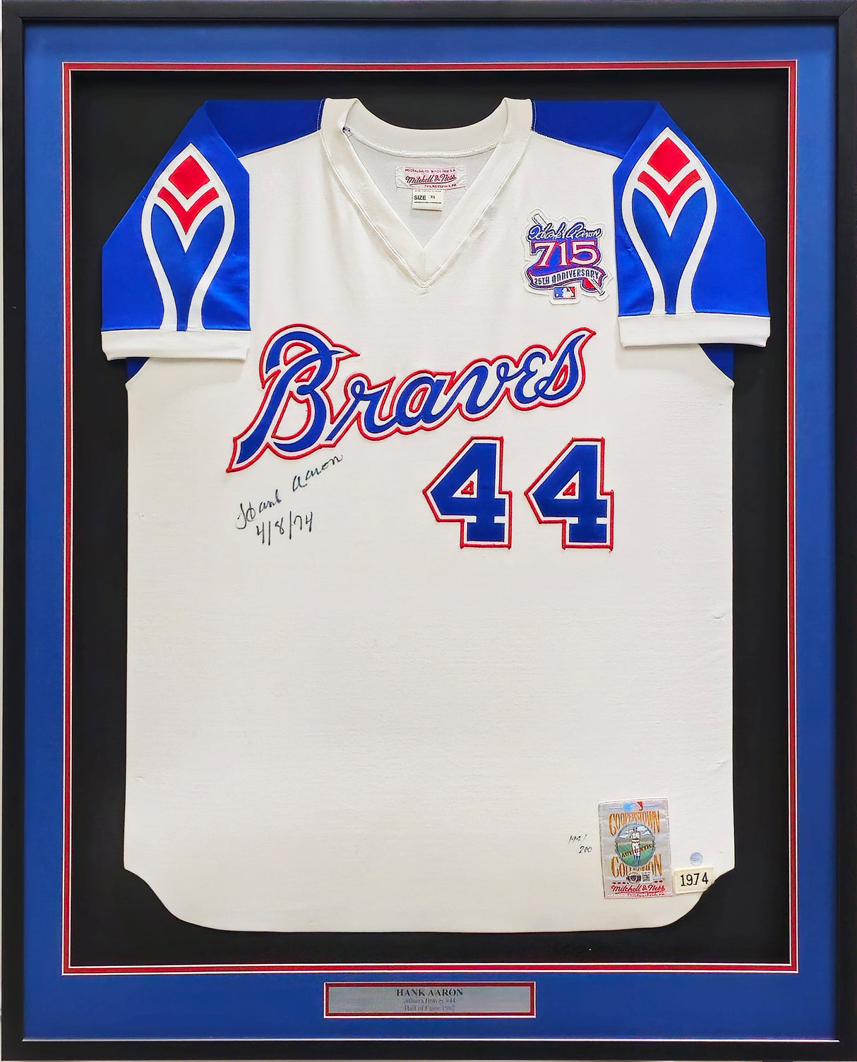 Atlanta Braves Hank Aaron Autographed Framed White Mitchell & Ness 715 Home Run 25th Anniversary Jersey "4/8/74" #194/200 Beckett BAS #AC85156