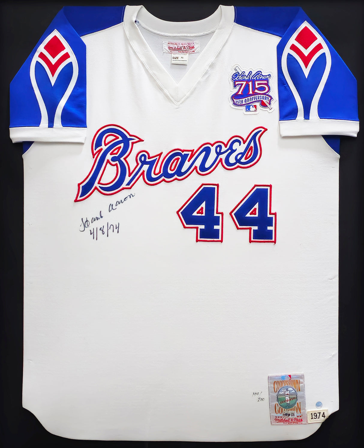 Atlanta Braves Hank Aaron Autographed Framed White Mitchell & Ness 715 Home Run 25th Anniversary Jersey "4/8/74" #194/200 Beckett BAS #AC85156