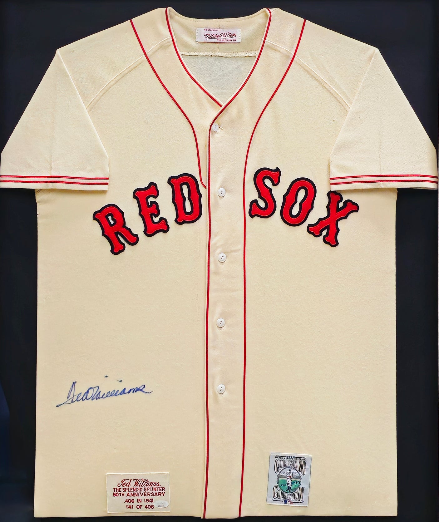 Boston Red Sox Ted Williams Autographed Framed Cream Authentic Mitchell & Ness Jersey JSA #BB27144