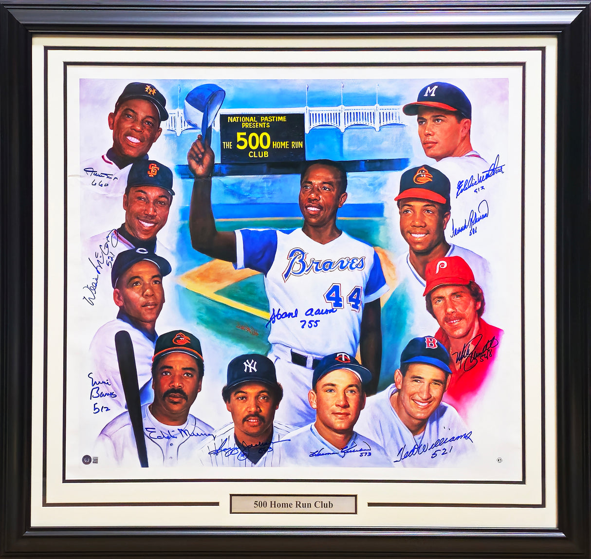 500 Home Run Club Autographed Framed 27x30 Lithograph Photo With 11 Signatures Including Willie Mays & Ted Williams Beckett BAS #AB08909