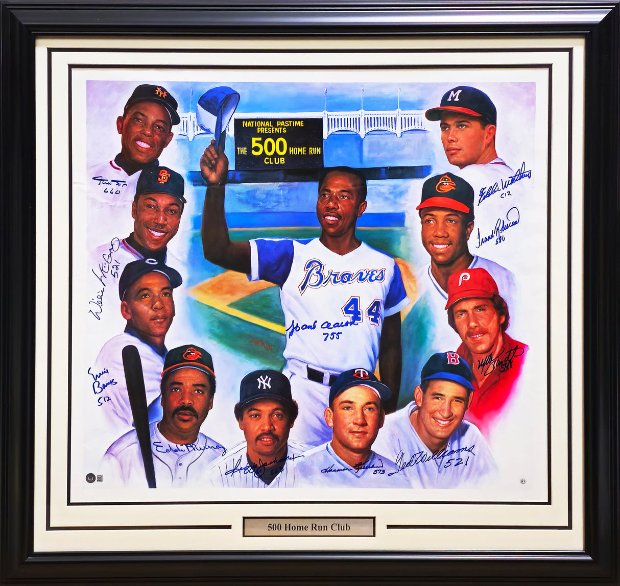 500 Home Run Club Autographed Framed 27x30 Lithograph Photo With 11 Signatures Including Willie Mays & Ted Williams Beckett BAS #AB08915