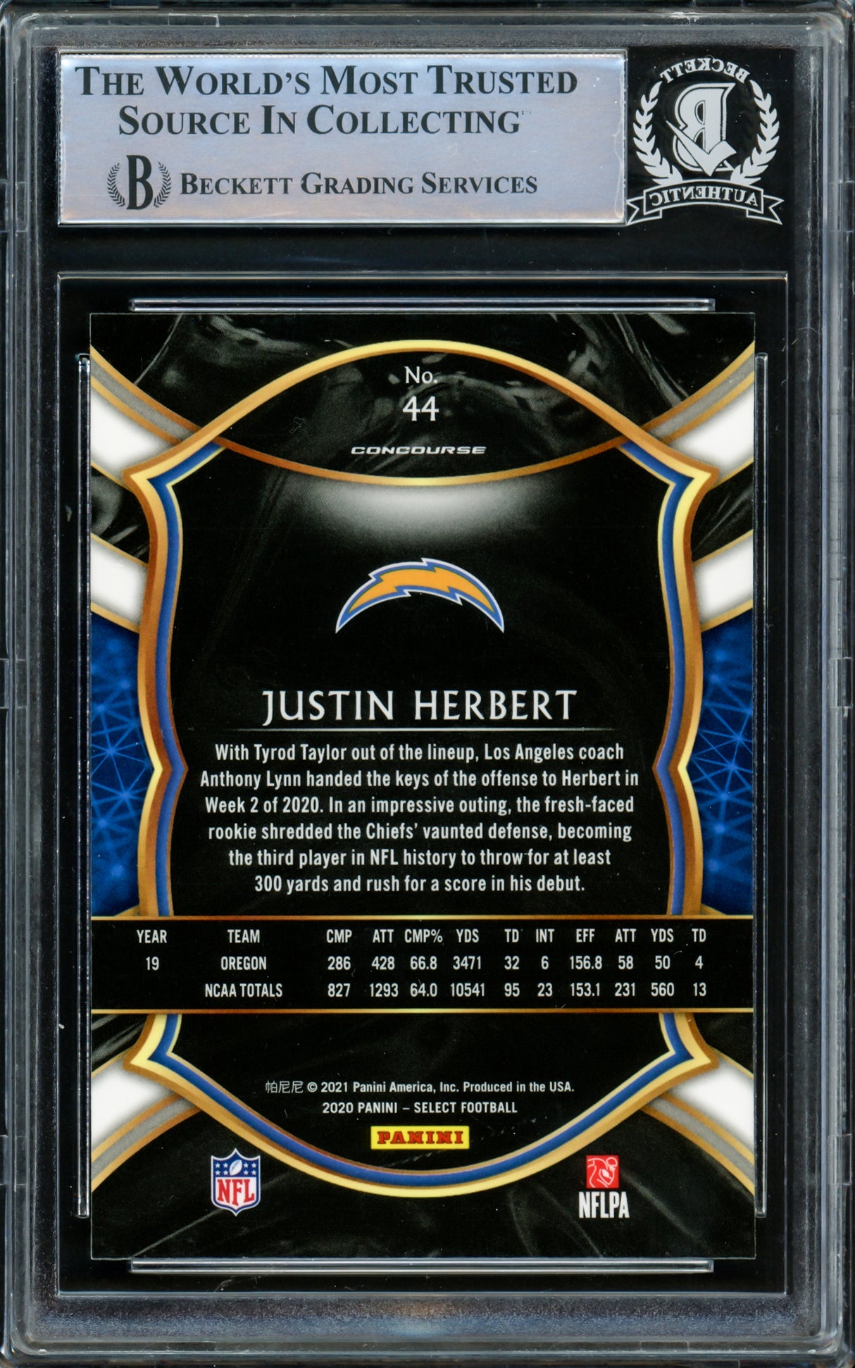 Justin Herbert Autographed 2020 Panini Select Rookie Card #44 Los Angeles Chargers "2020 NFL OROY" Beckett BAS Stock #219391