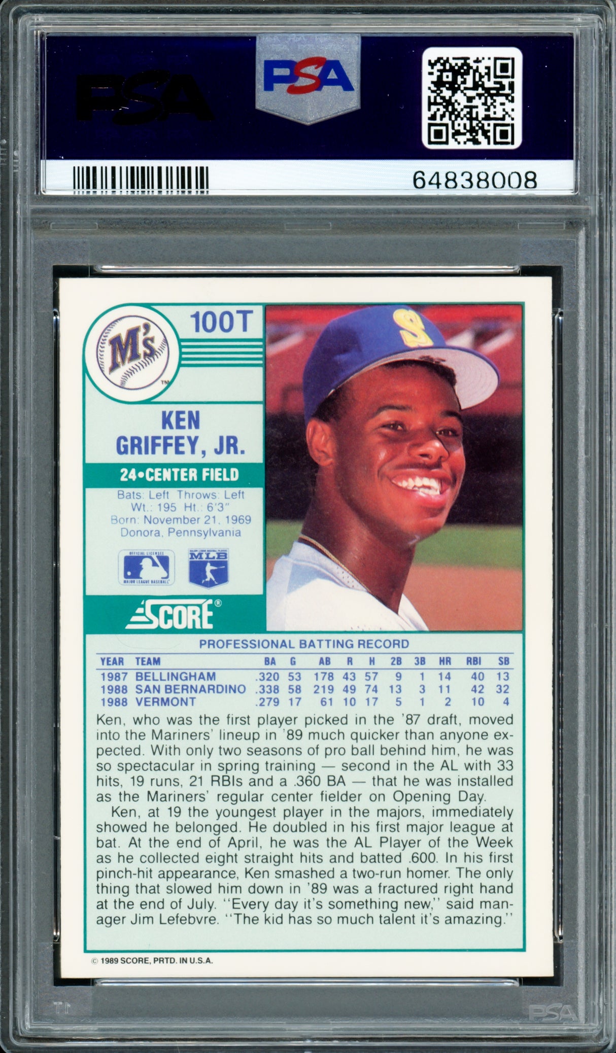 Ken Griffey Jr. Autographed 1989 Score Traded Rookie Card #100T Seattle Mariners PSA 10 Auto Grade Mint 9 PSA/DNA #64838008