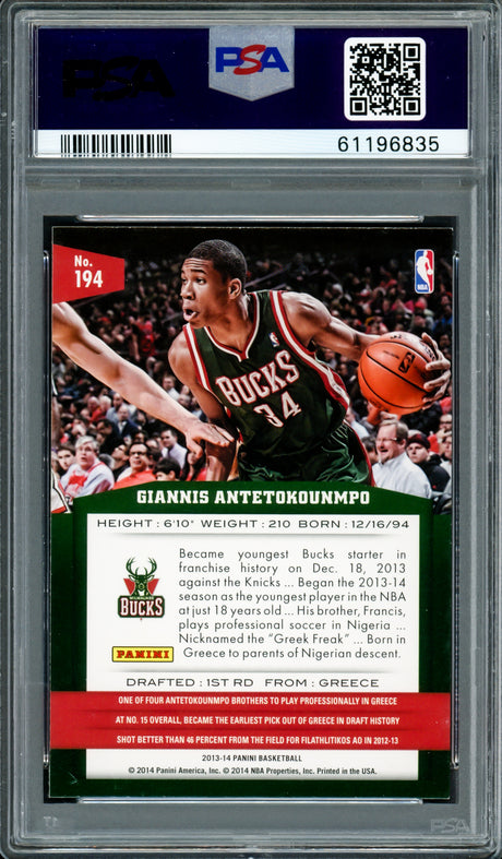 Giannis Antetokounmpo Autographed 2013 Panini Rookie Card #194 Milwaukee Bucks PSA 8 Auto Grade Gem Mint 10 PSA/DNA #61196835