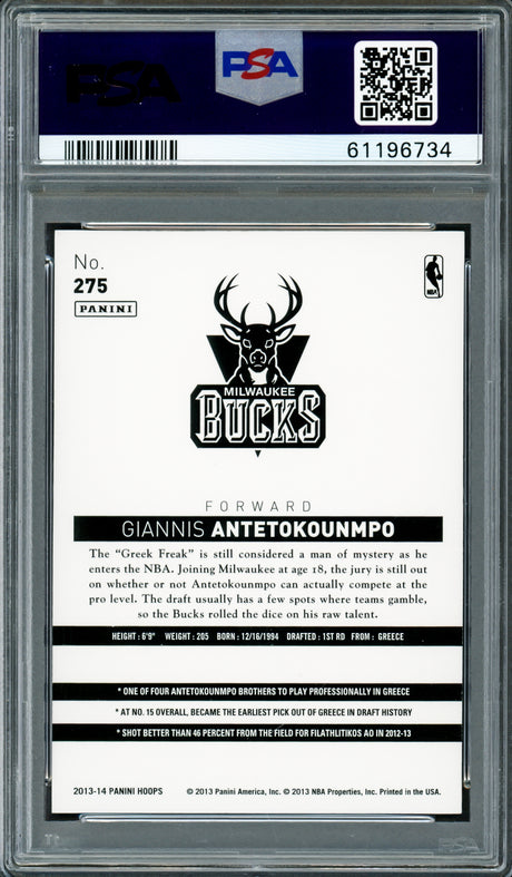 Giannis Antetokounmpo Autographed 2013 Panini Hoops Rookie Card #275 Milwaukee Bucks PSA 8 Auto Grade Gem Mint 10 PSA/DNA #61196734