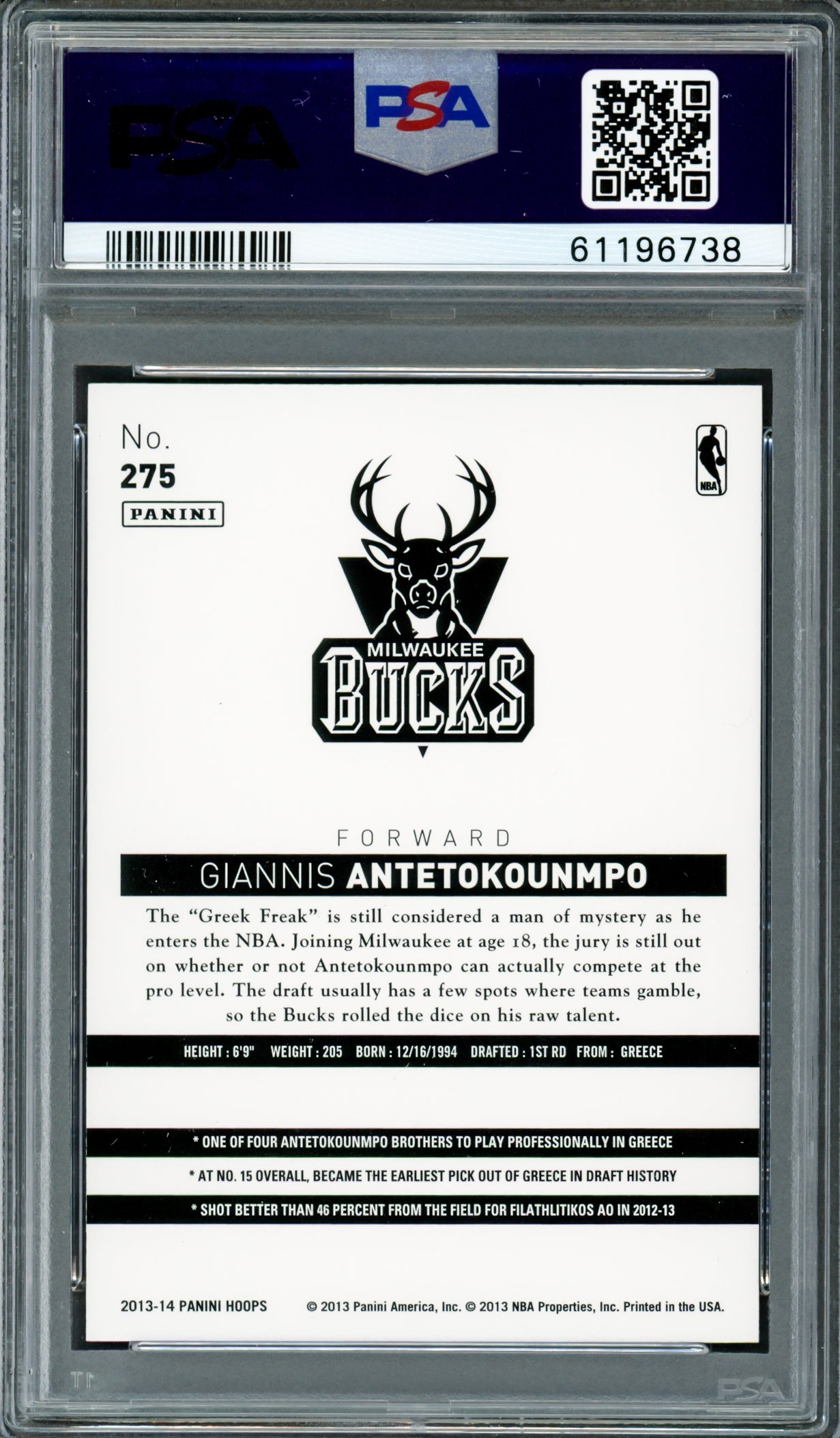 Giannis Antetokounmpo Autographed 2013 Panini Hoops Rookie Card #275 Milwaukee Bucks PSA 8 Auto Grade Mint 9 PSA/DNA #61196738