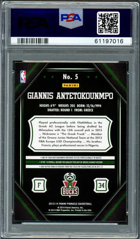 Giannis Antetokounmpo Autographed 2013 Panini Pinnacle Rookie Card #5 Milwaukee Bucks PSA 8 Auto Grade Gem Mint 10 PSA/DNA #61197016