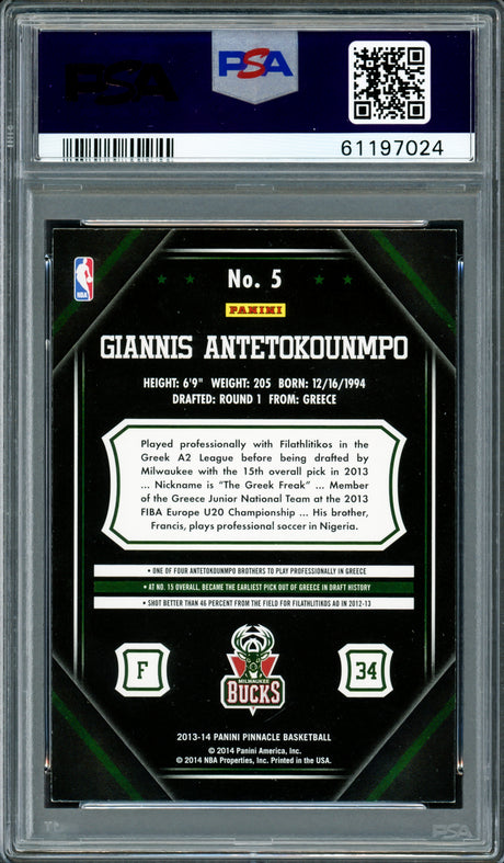 Giannis Antetokounmpo Autographed 2013 Panini Pinnacle Rookie Card #5 Milwaukee Bucks PSA 8 Auto Grade Gem Mint 10 PSA/DNA #61197024