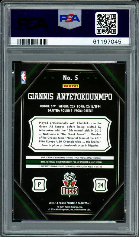 Giannis Antetokounmpo Autographed 2013 Panini Pinnacle Rookie Card #5 Milwaukee Bucks PSA 8 Auto Grade Mint 9 PSA/DNA #61197045