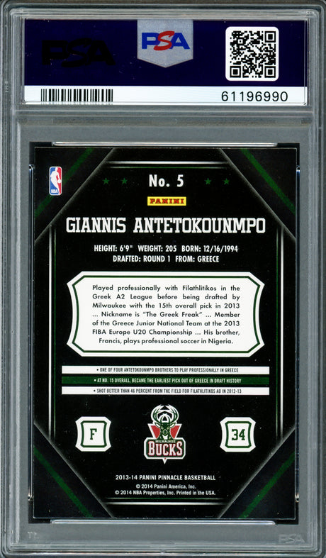 Giannis Antetokounmpo Autographed 2013 Panini Pinnacle Rookie Card #5 Milwaukee Bucks PSA 8 Auto Grade Mint 9 PSA/DNA #61196990