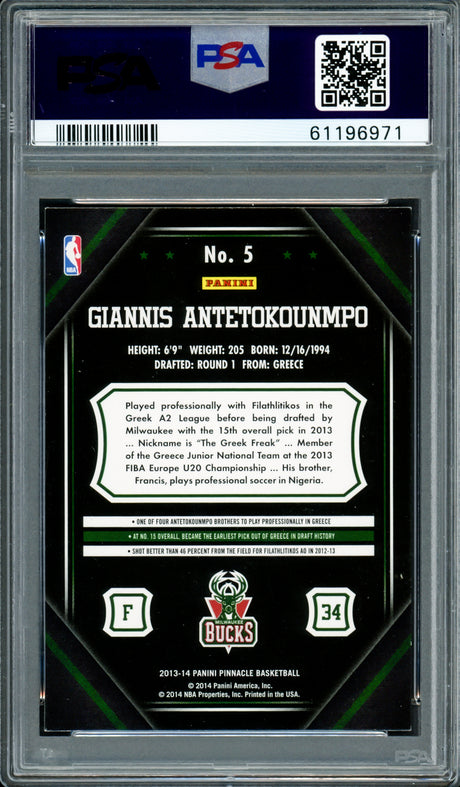 Giannis Antetokounmpo Autographed 2013 Panini Pinnacle Rookie Card #5 Milwaukee Bucks PSA 8 Auto Grade Mint 9 PSA/DNA #61196971