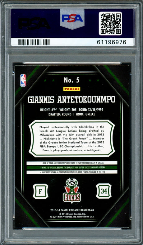 Giannis Antetokounmpo Autographed 2013 Panini Pinnacle Rookie Card #5 Milwaukee Bucks PSA 8 PSA/DNA #61196976