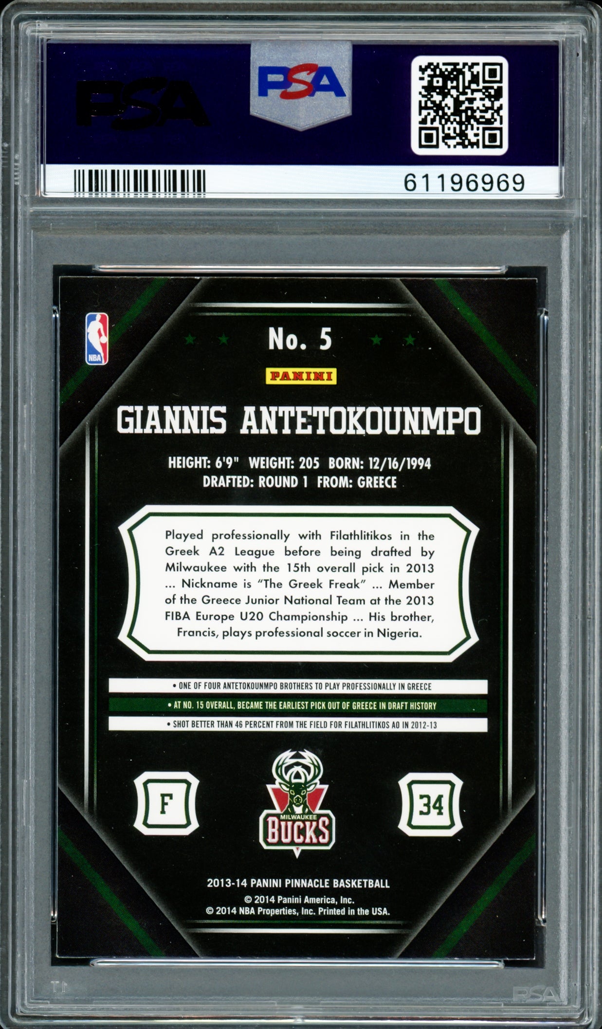 Giannis Antetokounmpo Autographed 2013 Panini Pinnacle Rookie Card #5 Milwaukee Bucks PSA 8 PSA/DNA #61196969