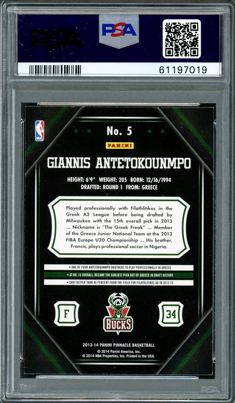 Giannis Antetokounmpo Autographed 2013 Panini Pinnacle Rookie Card #5 Milwaukee Bucks Auto Grade Gem Mint 10 PSA/DNA #61197019