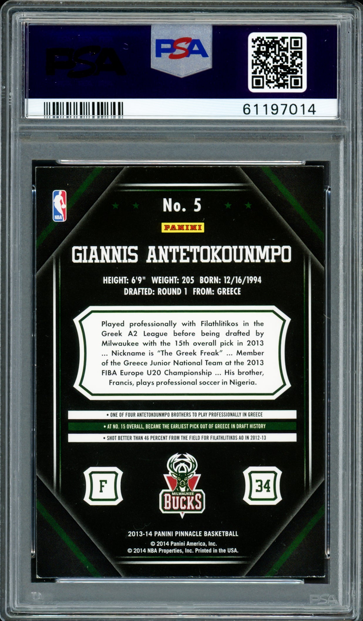 Giannis Antetokounmpo Autographed 2013 Panini Pinnacle Rookie Card #5 Milwaukee Bucks Auto Grade Mint 9 PSA/DNA #61197014