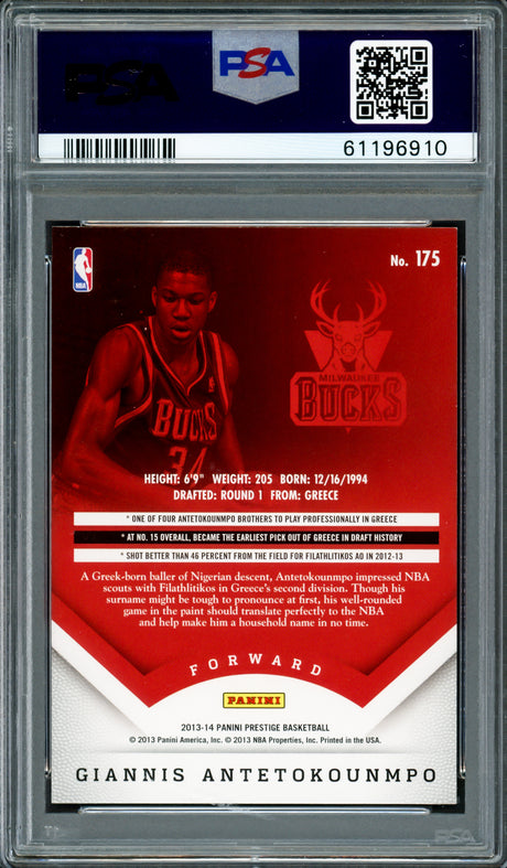 Giannis Antetokounmpo Autographed 2013 Panini Prestige Rookie Card #175 Milwaukee Bucks PSA 9 Auto Grade Gem Mint 10 PSA/DNA #61196910