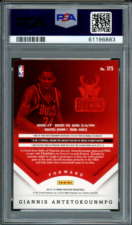 Giannis Antetokounmpo Autographed 2013 Panini Prestige Rookie Card #175 Milwaukee Bucks PSA 9 Auto Grade Gem Mint 10 PSA/DNA #61196883