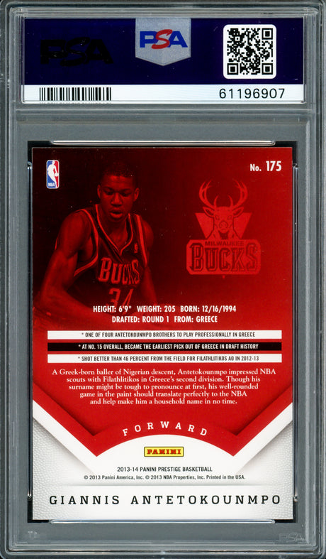 Giannis Antetokounmpo Autographed 2013 Panini Prestige Rookie Card #175 Milwaukee Bucks PSA 9 Auto Grade Mint 9 PSA/DNA #61196907