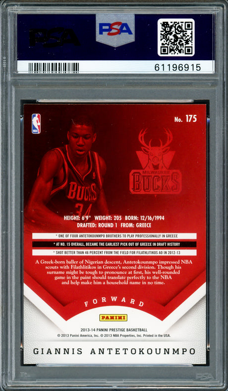 Giannis Antetokounmpo Autographed 2013 Panini Prestige Rookie Card #175 Milwaukee Bucks PSA 9 Auto Grade Mint 9 PSA/DNA #61196915