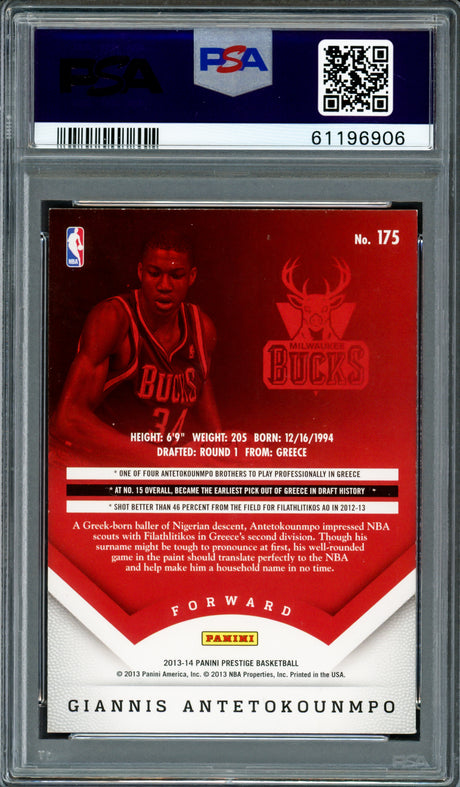 Giannis Antetokounmpo Autographed 2013 Panini Prestige Rookie Card #175 Milwaukee Bucks PSA 8 Auto Grade Gem Mint 10 PSA/DNA #61196906