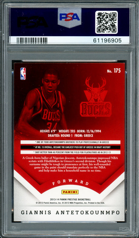 Giannis Antetokounmpo Autographed 2013 Panini Prestige Rookie Card #175 Milwaukee Bucks PSA 8 Auto Grade Gem Mint 10 PSA/DNA #61196905