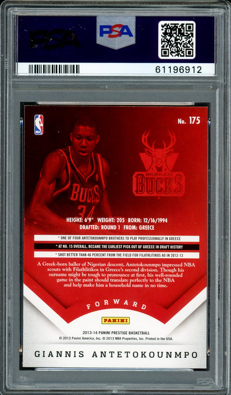 Giannis Antetokounmpo Autographed 2013 Panini Prestige Rookie Card #175 Milwaukee Bucks PSA 8 Auto Grade Mint 9 PSA/DNA #61196912