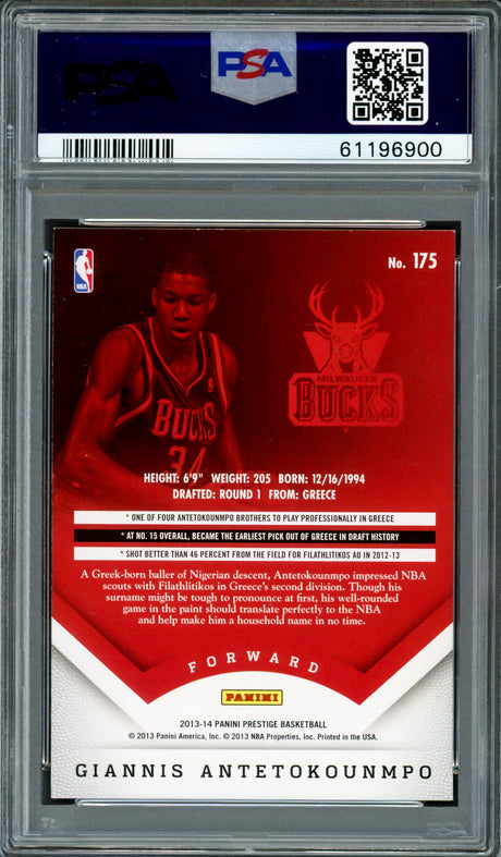 Giannis Antetokounmpo Autographed 2013 Panini Prestige Rookie Card #175 Milwaukee Bucks PSA 8 Auto Grade Mint 9 PSA/DNA #61196900