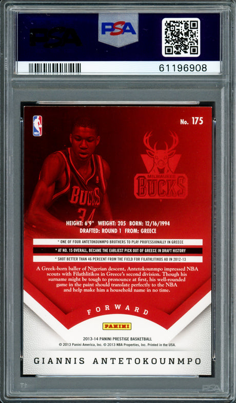 Giannis Antetokounmpo Autographed 2013 Panini Prestige Rookie Card #175 Milwaukee Bucks PSA 8 Auto Grade Mint 9 PSA/DNA #61196908