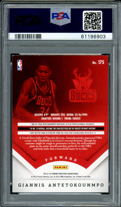 Giannis Antetokounmpo Autographed 2013 Panini Prestige Rookie Card #175 Milwaukee Bucks Auto Grade Mint 9 PSA/DNA #61196903