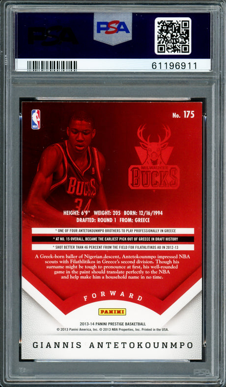 Giannis Antetokounmpo Autographed 2013 Panini Prestige Rookie Card #175 Milwaukee Bucks Auto Grade Mint 9 PSA/DNA #61196911