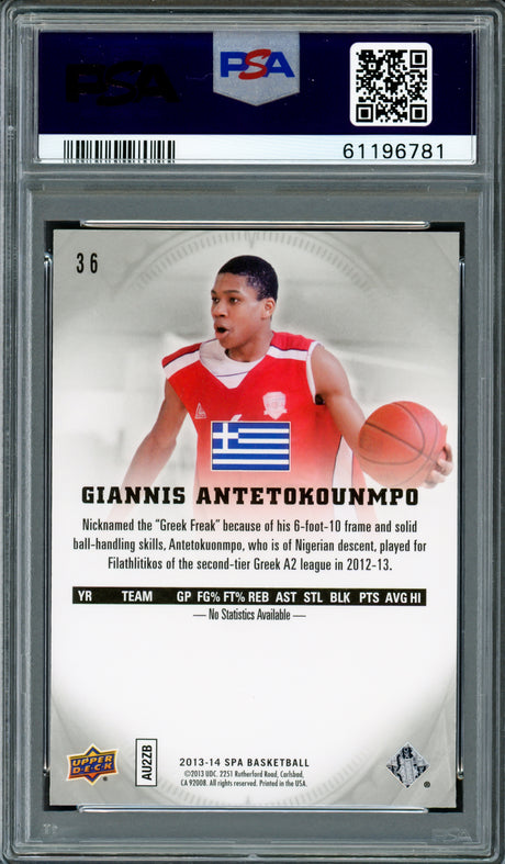 Giannis Antetokounmpo Autographed 2013 SP Authentic Rookie Card #36 Milwaukee Bucks PSA 10 Auto Grade Mint 9 PSA/DNA #61196781