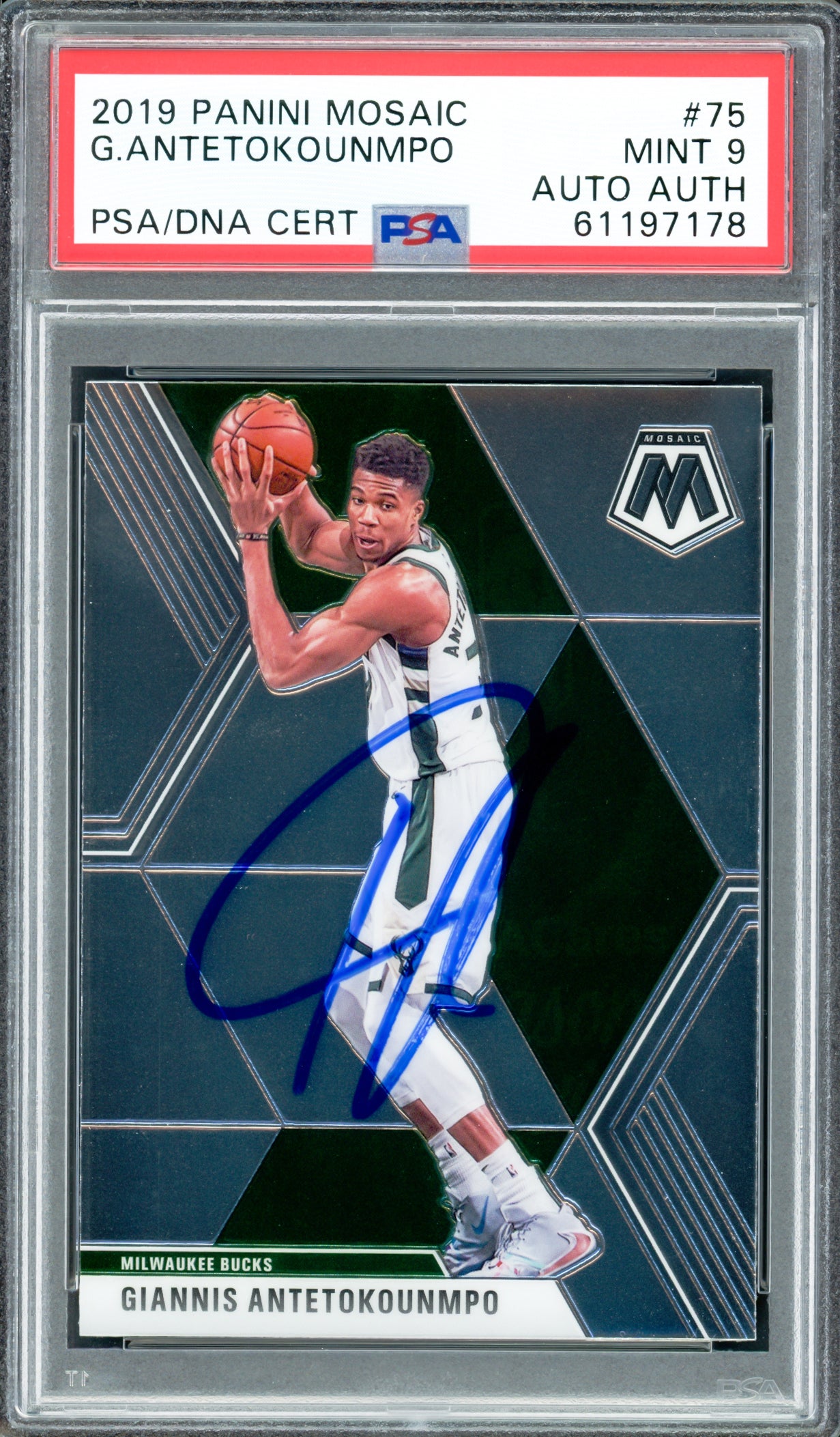 Giannis Antetokounmpo Autographed 2019 Panini Mosaic Card #75 Milwaukee Bucks PSA 9 PSA/DNA Stock #208511