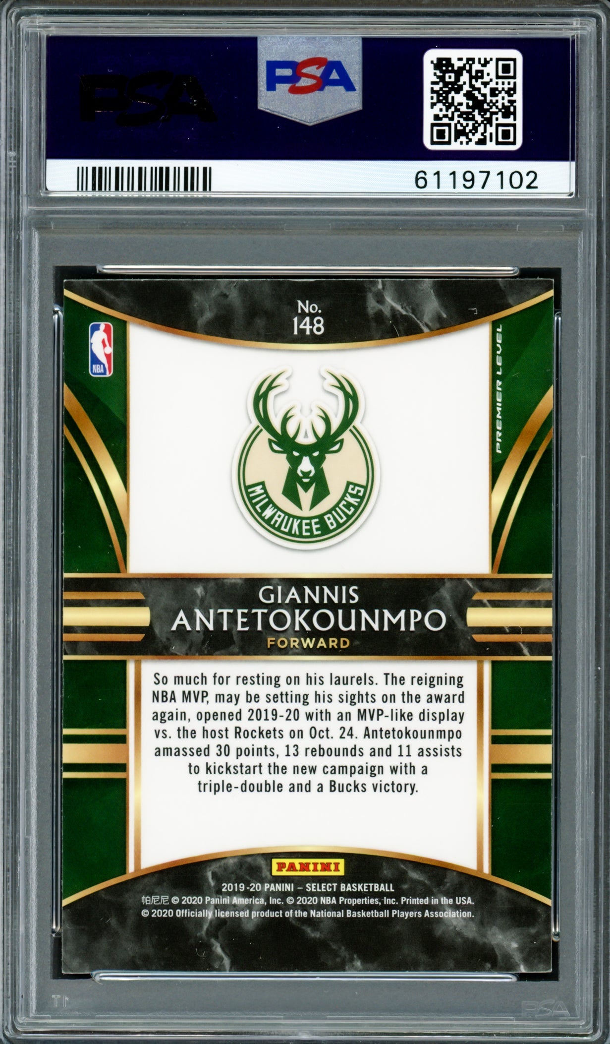 Giannis Antetokounmpo Autographed 2019 Panini Select Card #148 Milwaukee Bucks PSA 9 PSA/DNA #61197102