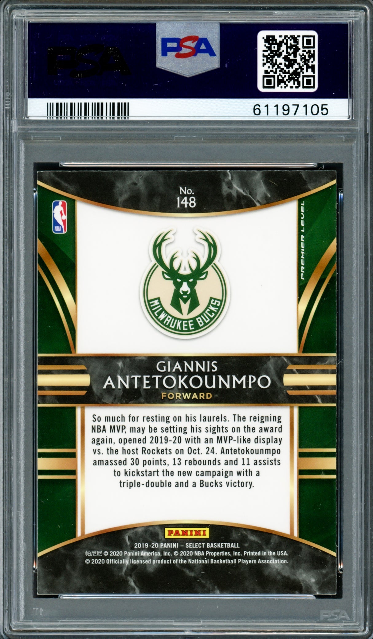 Giannis Antetokounmpo Autographed 2019 Panini Select Card #148 Milwaukee Bucks PSA 9 PSA/DNA #61197105