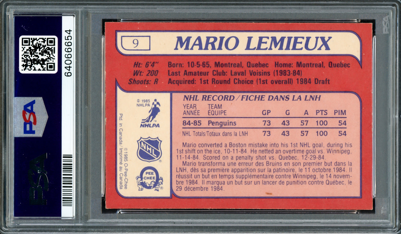 Mario Lemieux Autographed 1985 O-Pee-Chee Rookie Card #9 Pittsburgh Penguins PSA 7 PSA/DNA #64066654