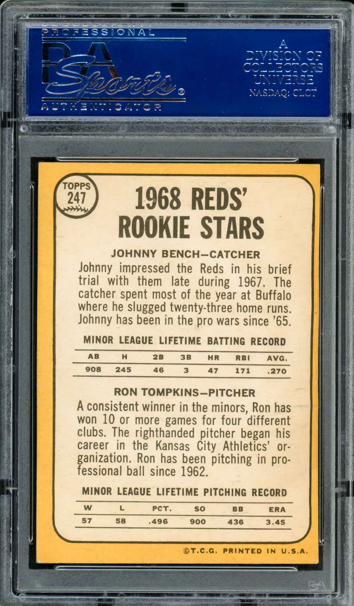 Johnny Bench Autographed 1968 Topps Rookie Card #247 Cincinnati Reds PSA/DNA #65075632