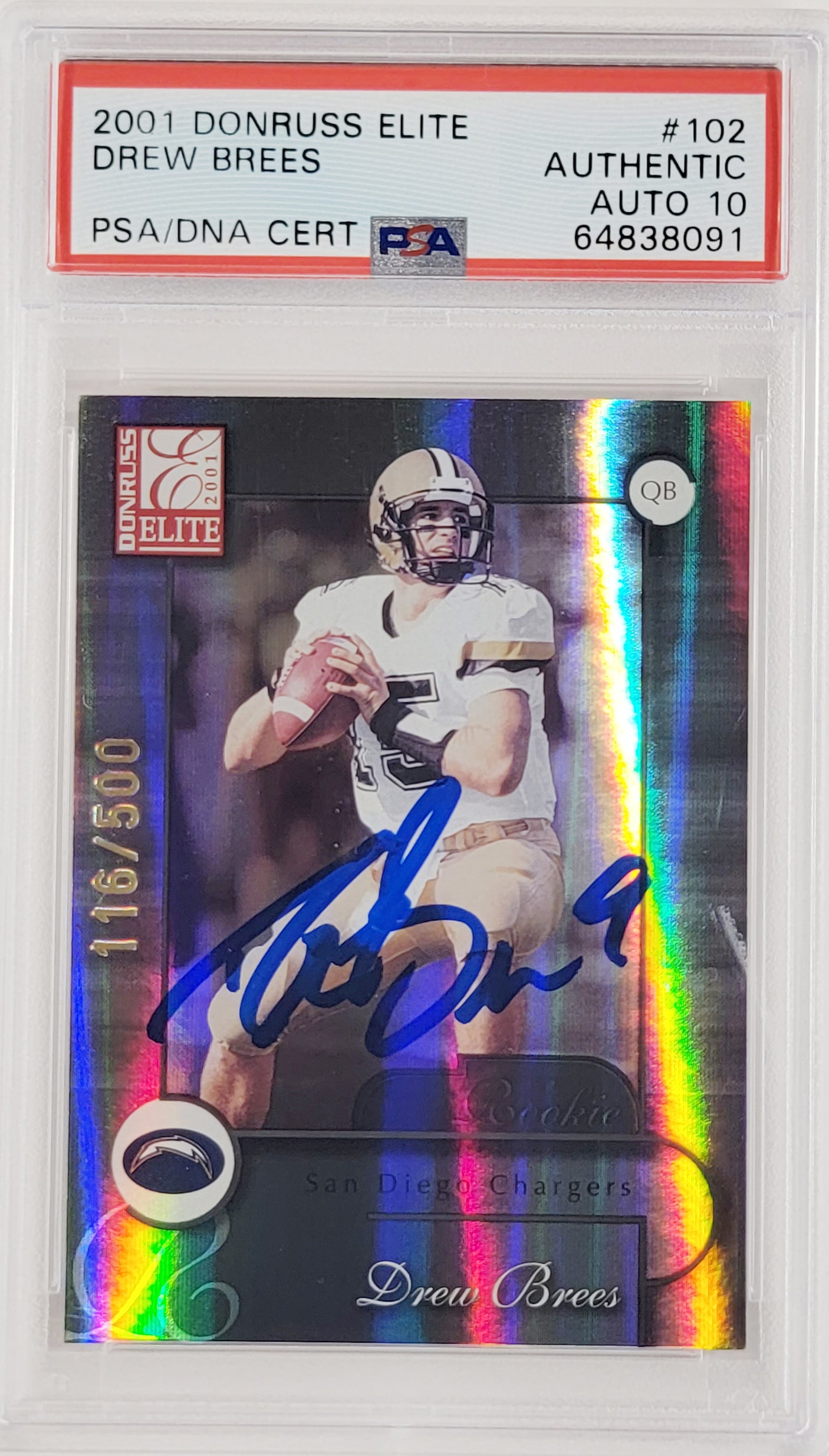 Drew Brees Autographed 2001 Donruss Elite Rookie Card #102 New Orleans Saints Auto Grade Gem Mint 10 #116/500 PSA/DNA #64838091