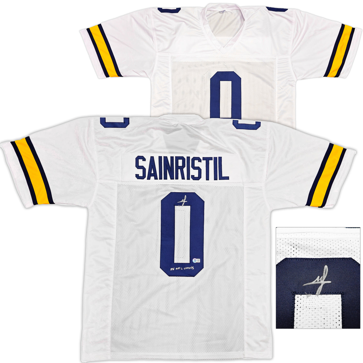 Michigan Wolverines Mike Sainristil Autographed White Jersey "23 Natl Champs" Beckett BAS Witness Stock #234647