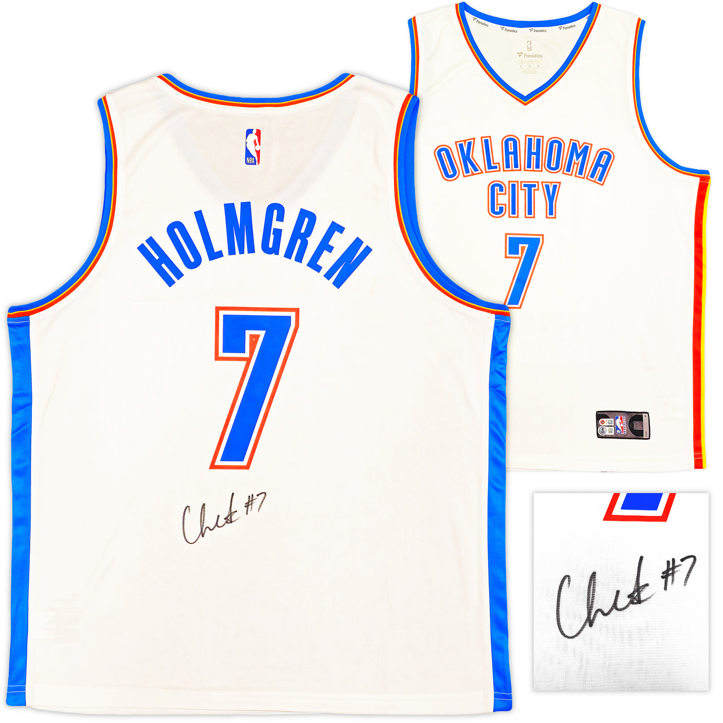 Oklahoma City Thunder Chet Holmgren Autographed White Fanatics Jersey Size L Beckett BAS Witness Stock #234061