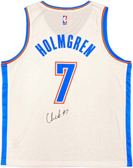 Oklahoma City Thunder Chet Holmgren Autographed White Fanatics Jersey Size L Beckett BAS Witness Stock #234061