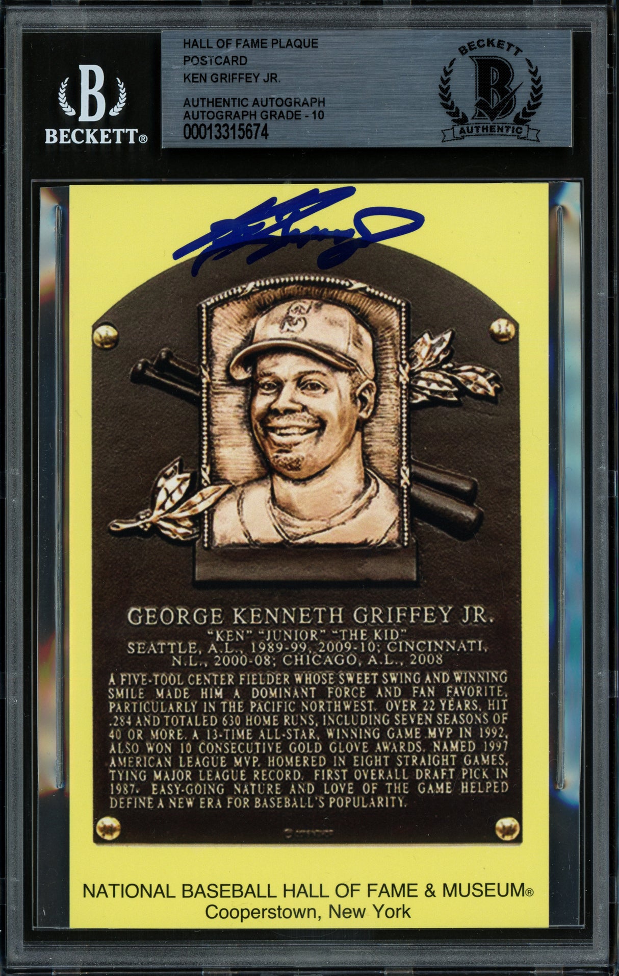 Ken Griffey Jr. Autographed Hall of Fame HOF Plaque Postcard Seattle Mariners Auto Grade Gem Mint 10 Beckett BAS Stock #234426